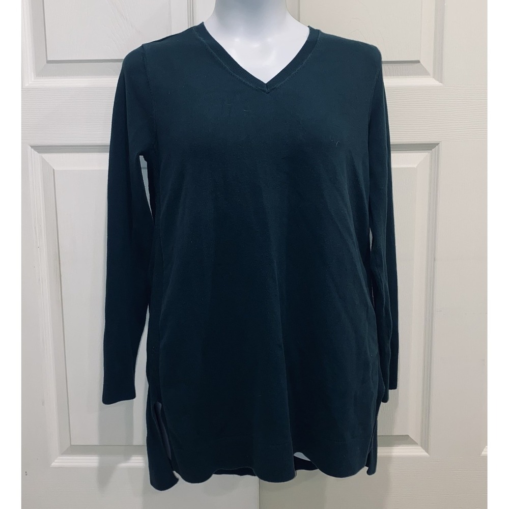 Duluth Trading Womens Woven Tunic Top Sz Large Dark Green V Neck Side Slits